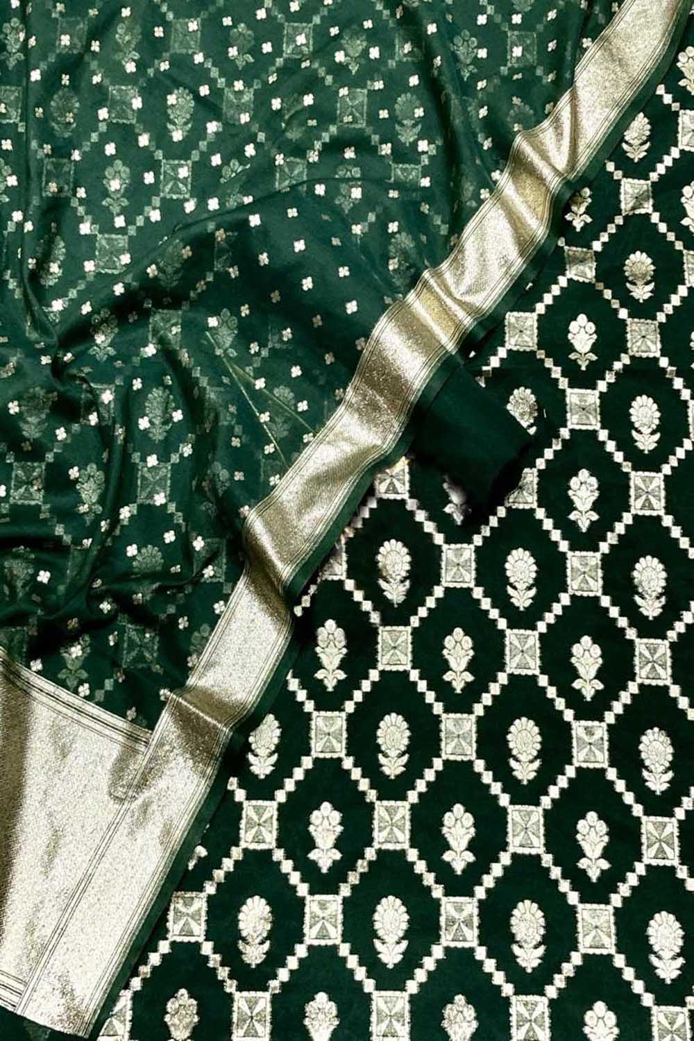 Green Banarasi Chanderi Silk Three Piece Unstitched Suit Set - Luxurion World