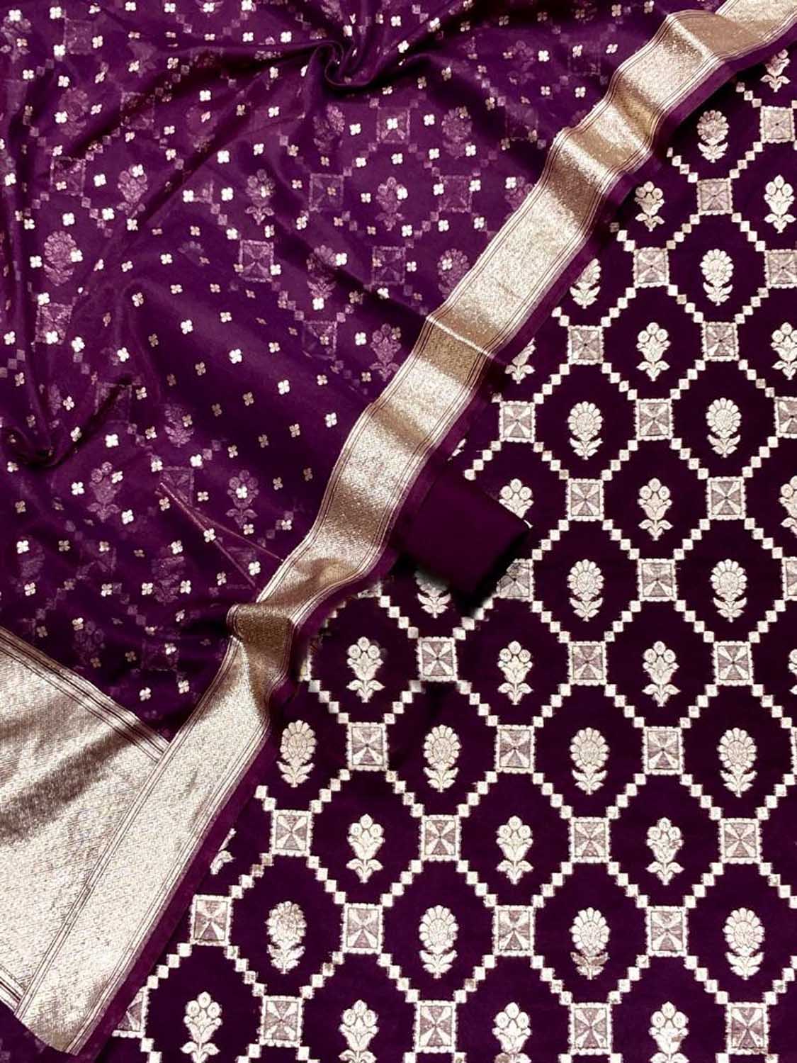 Elegant Purple Banarasi Chanderi Silk Three Piece Unstitched Suit Set - Luxurion World