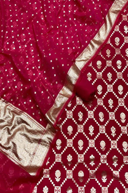 Stunning Pink Banarasi Chanderi Silk Three Piece Unstitched Suit Set - Luxurion World