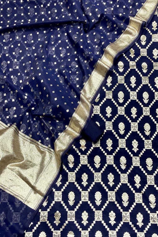 Elegant Blue Banarasi Chanderi Silk Three Piece Unstitched Suit Set - Luxurion World