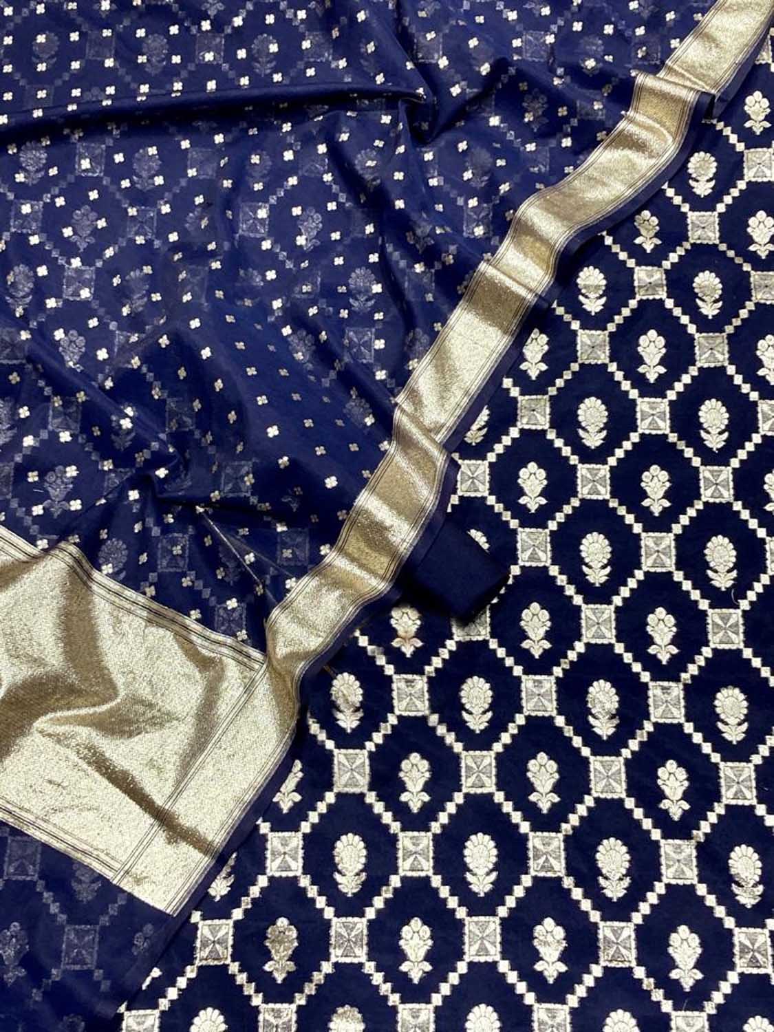 Elegant Blue Banarasi Chanderi Silk Three Piece Unstitched Suit Set - Luxurion World