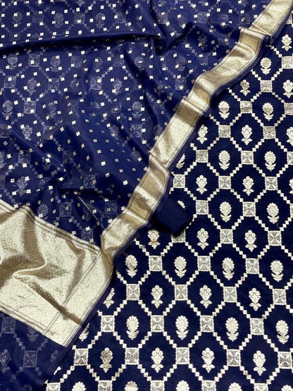 Elegant Blue Banarasi Chanderi Silk Three Piece Unstitched Suit Set - Luxurion World