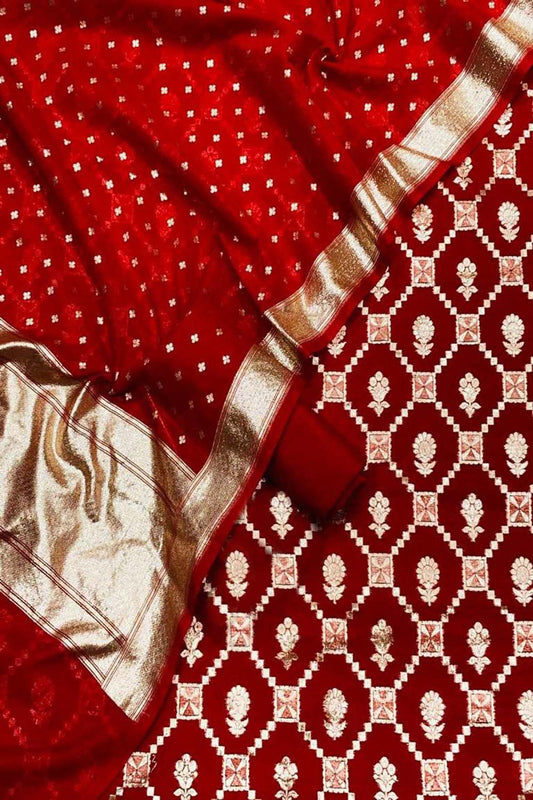 Red Banarasi Chanderi Silk Three Piece Unstitched Suit Set - Luxurion World