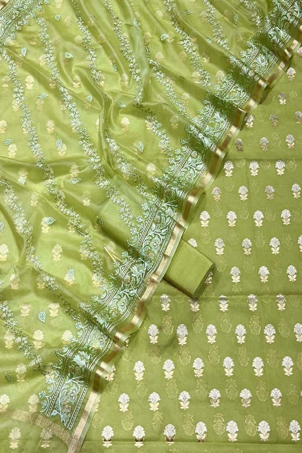 Elegant Green Banarasi Cotton Silk Three Piece Unstitched Suit Set With Embroidered Dupatta - Luxurion World