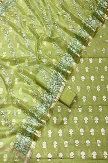 Elegant Green Banarasi Cotton Silk Three Piece Unstitched Suit Set With Embroidered Dupatta - Luxurion World