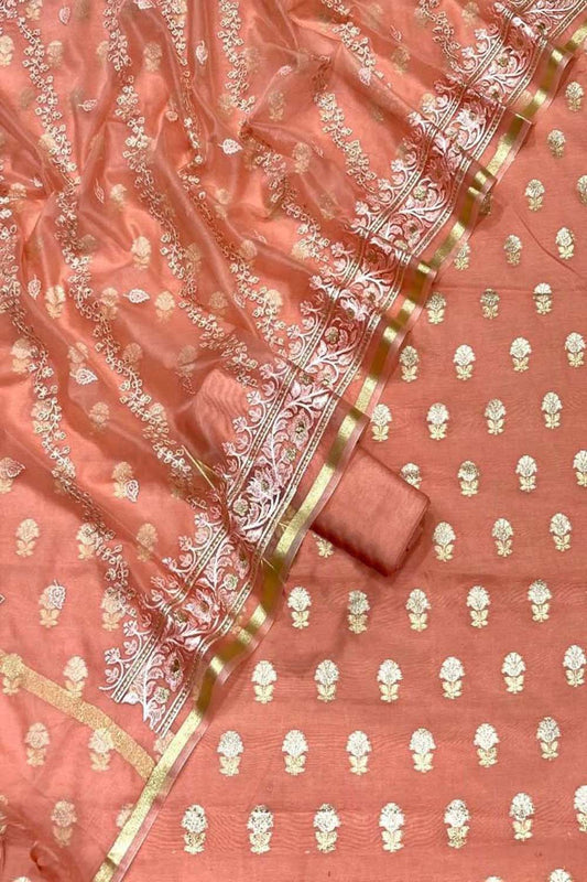 Elegant Orange Banarasi Cotton Silk Three Piece Unstitched Suit Set With Embroidered Dupatta - Luxurion World