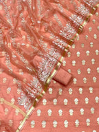 Elegant Orange Banarasi Cotton Silk Three Piece Unstitched Suit Set With Embroidered Dupatta - Luxurion World