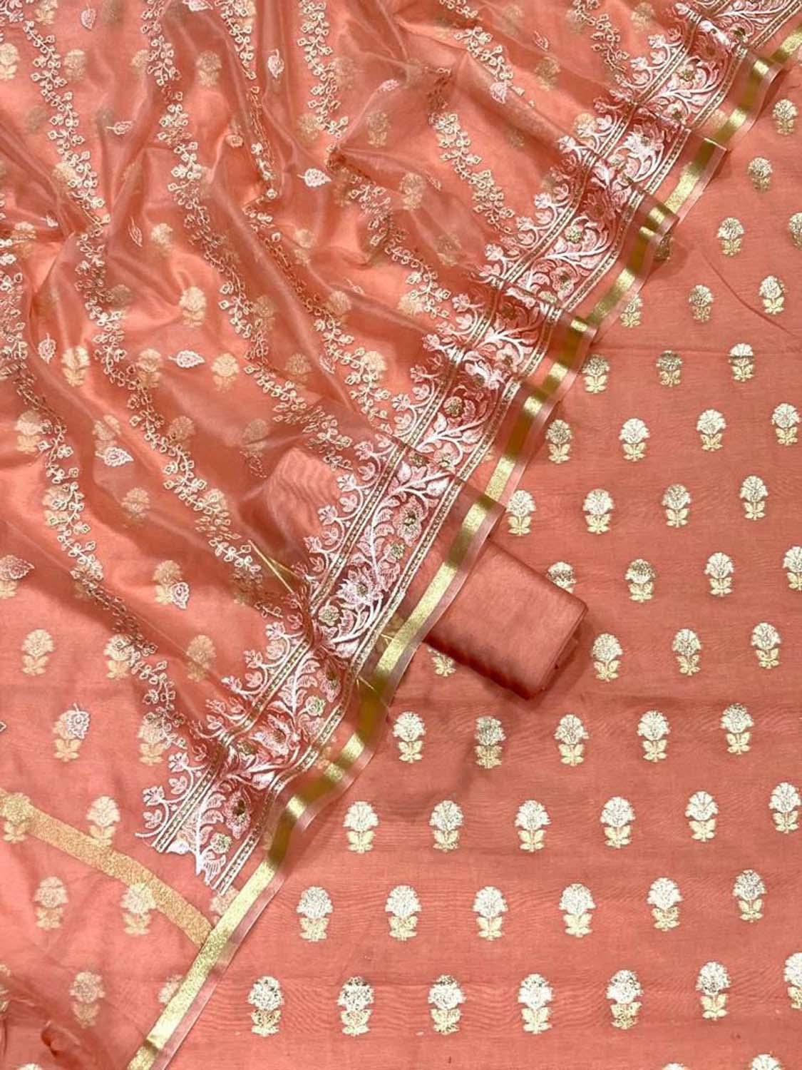 Elegant Orange Banarasi Cotton Silk Three Piece Unstitched Suit Set With Embroidered Dupatta - Luxurion World