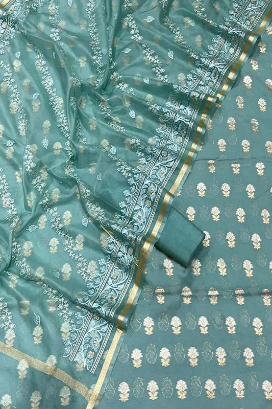 Elegant Blue Banarasi Cotton Silk Three Piece Unstitched Suit Set With Embroidered Dupatta - Luxurion World