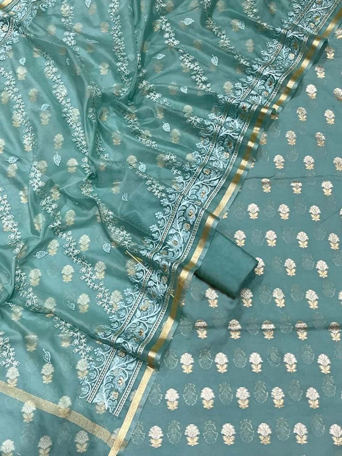 Elegant Blue Banarasi Cotton Silk Three Piece Unstitched Suit Set With Embroidered Dupatta - Luxurion World