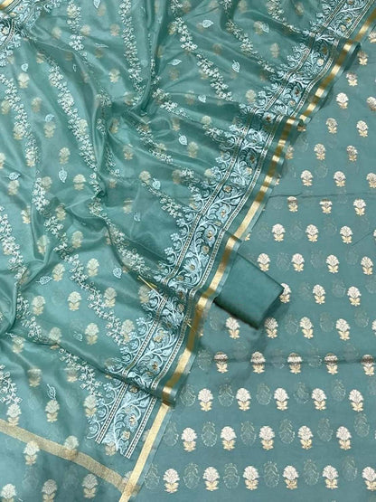 Elegant Blue Banarasi Cotton Silk Three Piece Unstitched Suit Set With Embroidered Dupatta - Luxurion World