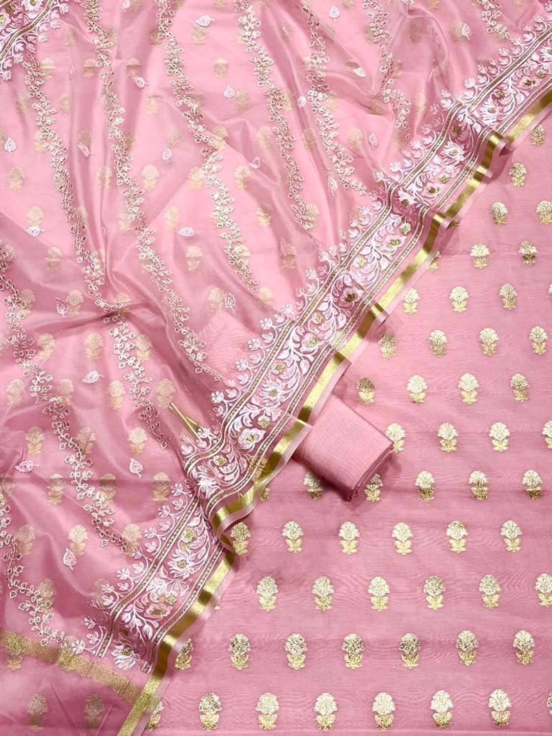 Elegant Pink Banarasi Cotton Silk Three Piece Unstitched Suit Set With Embroidered Dupatta - Luxurion World
