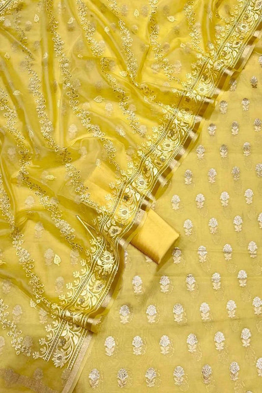 Yellow Banarasi Cotton Silk Three Piece Unstitched Suit Set With Embroidered Dupatta - Luxurion World