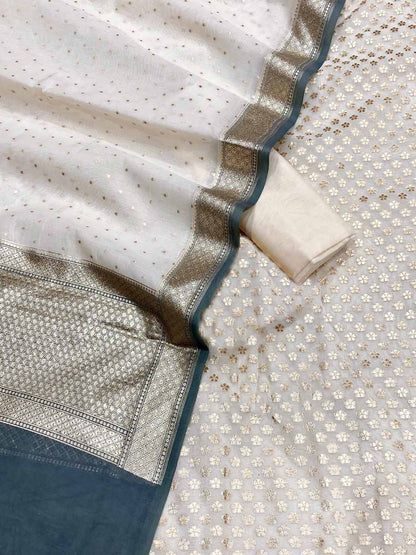 Elegant Off White Banarasi Chanderi Silk Three Piece Unstitched Suit Set - Luxurion World