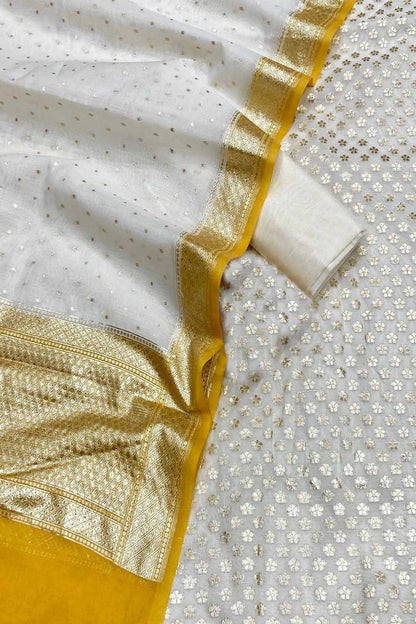 Elegant Off White Banarasi Chanderi Silk Three Piece Unstitched Suit Set - Luxurion World