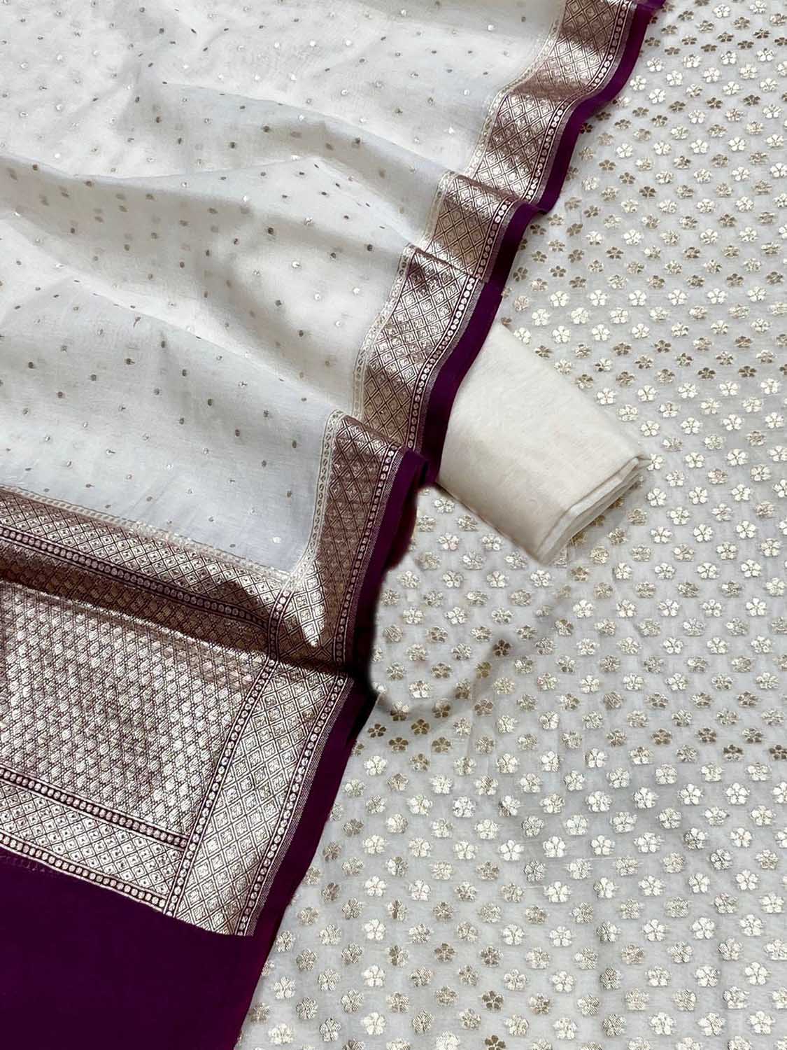 Elegant Off White Banarasi Chanderi Silk Three Piece Unstitched Suit Set - Luxurion World