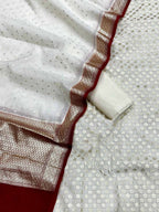Elegant Off White Banarasi Chanderi Silk Three Piece Unstitched Suit Set - Luxurion World