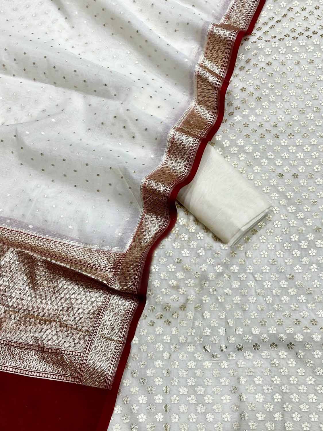 Elegant Off White Banarasi Chanderi Silk Three Piece Unstitched Suit Set - Luxurion World