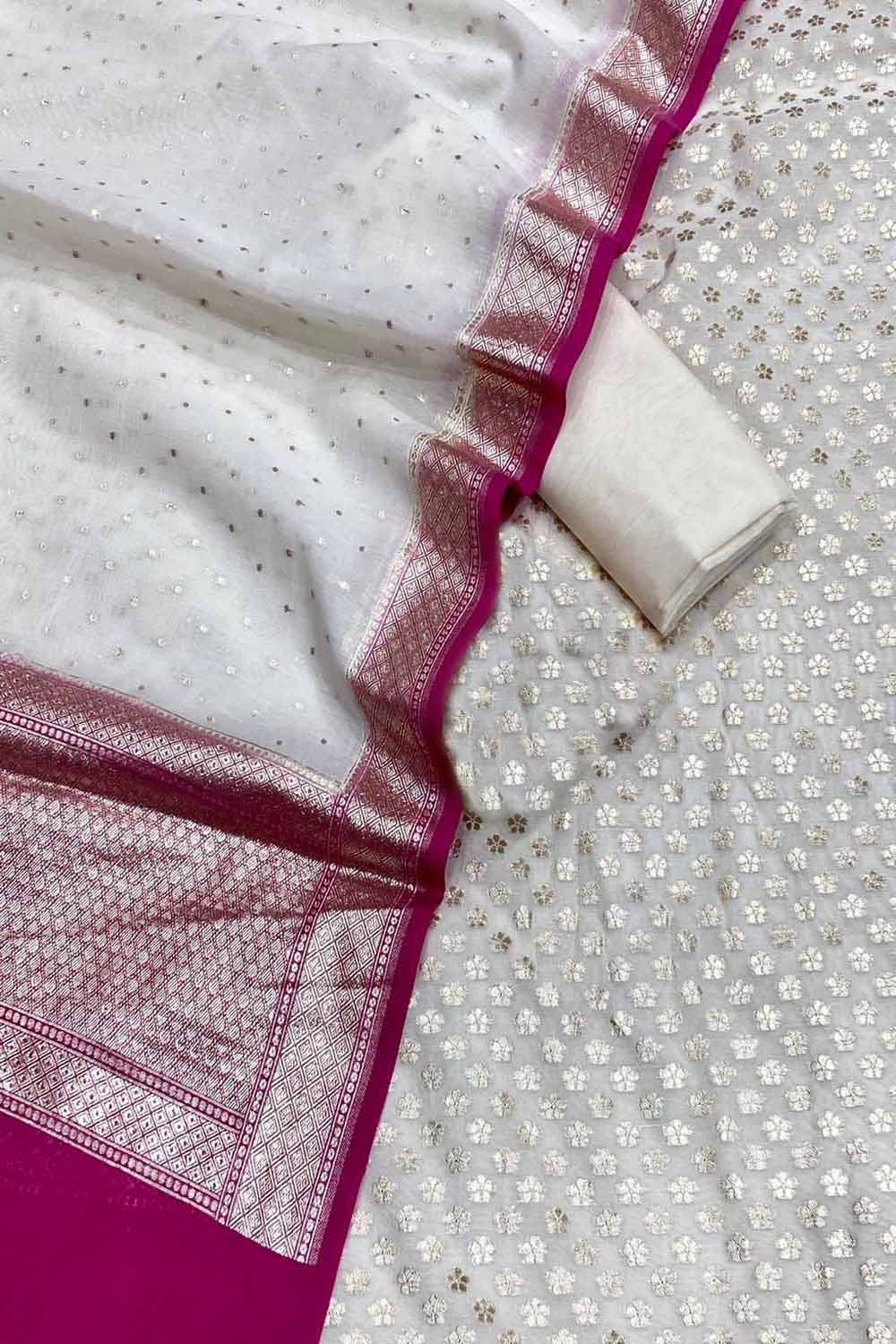 Elegant Off White Banarasi Chanderi Silk Three Piece Unstitched Suit Set - Luxurion World