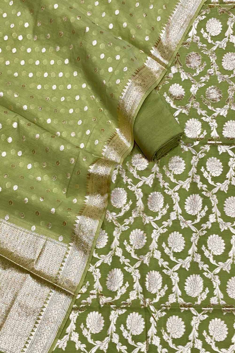 Green Banarasi Cotton Silk Three Piece Unstitched Suit Set - Luxurion World