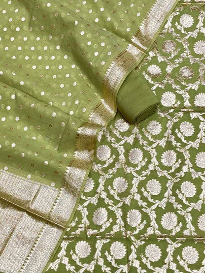 Green Banarasi Cotton Silk Three Piece Unstitched Suit Set - Luxurion World