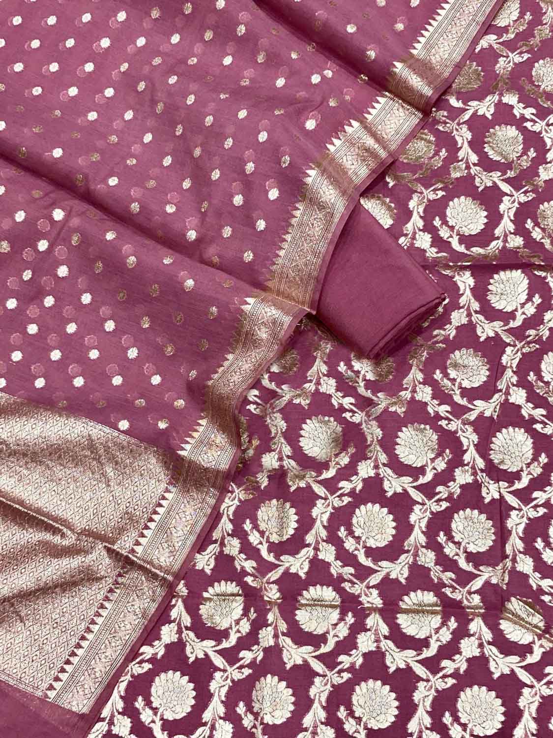 Stunning Pink Banarasi Cotton Silk Three Piece Unstitched Suit Set - Luxurion World