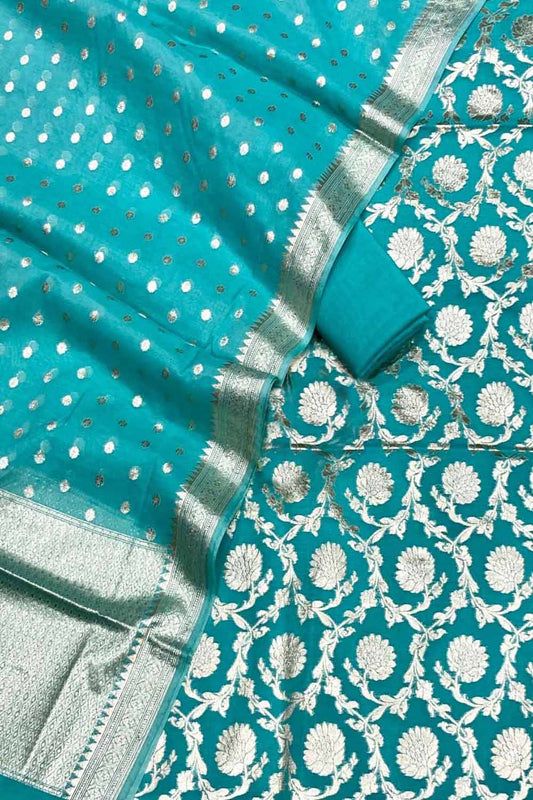 Blue Banarasi Cotton Silk Three Piece Unstitched Suit Set - Luxurion World