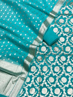 Blue Banarasi Cotton Silk Three Piece Unstitched Suit Set - Luxurion World
