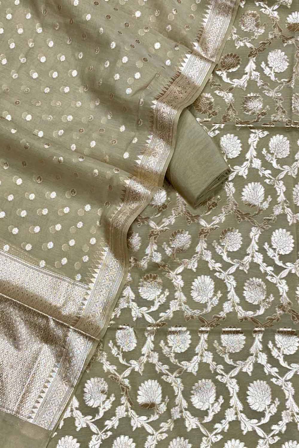 Pastel Banarasi Cotton Silk Three Piece Unstitched Suit Set - Luxurion World