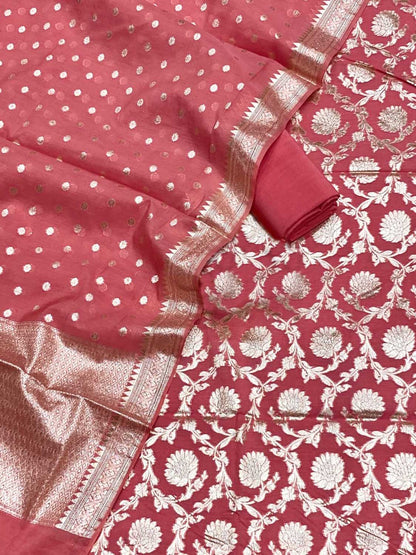 Stunning Pink Banarasi Cotton Silk Three Piece Unstitched Suit Set - Luxurion World
