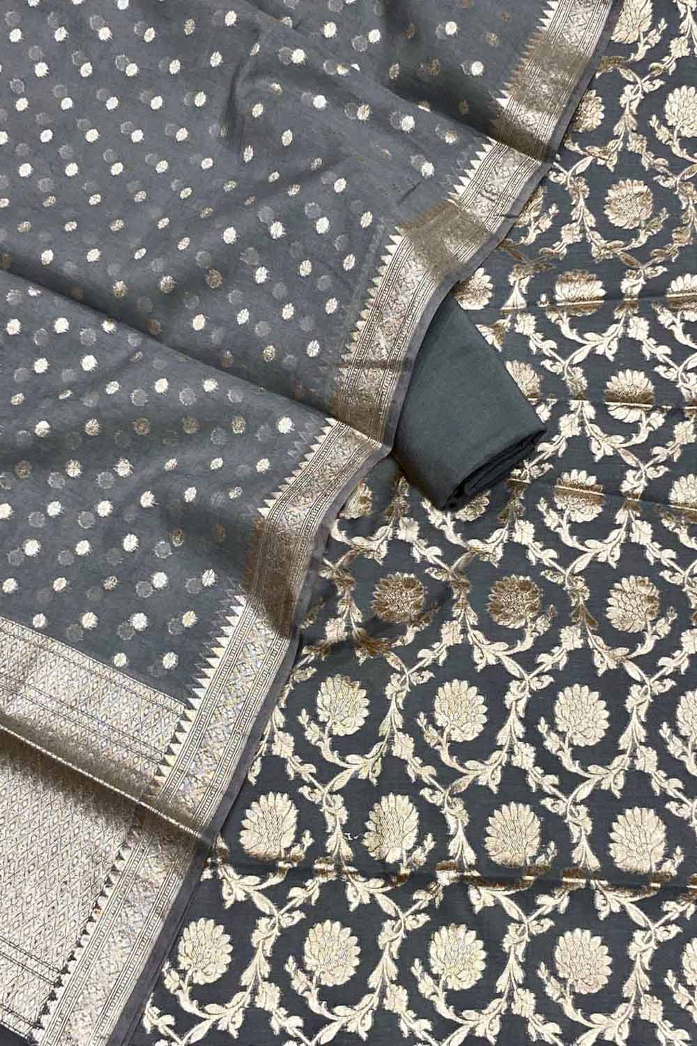 Elegant Grey Banarasi Cotton Silk Three Piece Unstitched Suit Set - Luxurion World