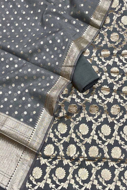 Elegant Grey Banarasi Cotton Silk Three Piece Unstitched Suit Set - Luxurion World