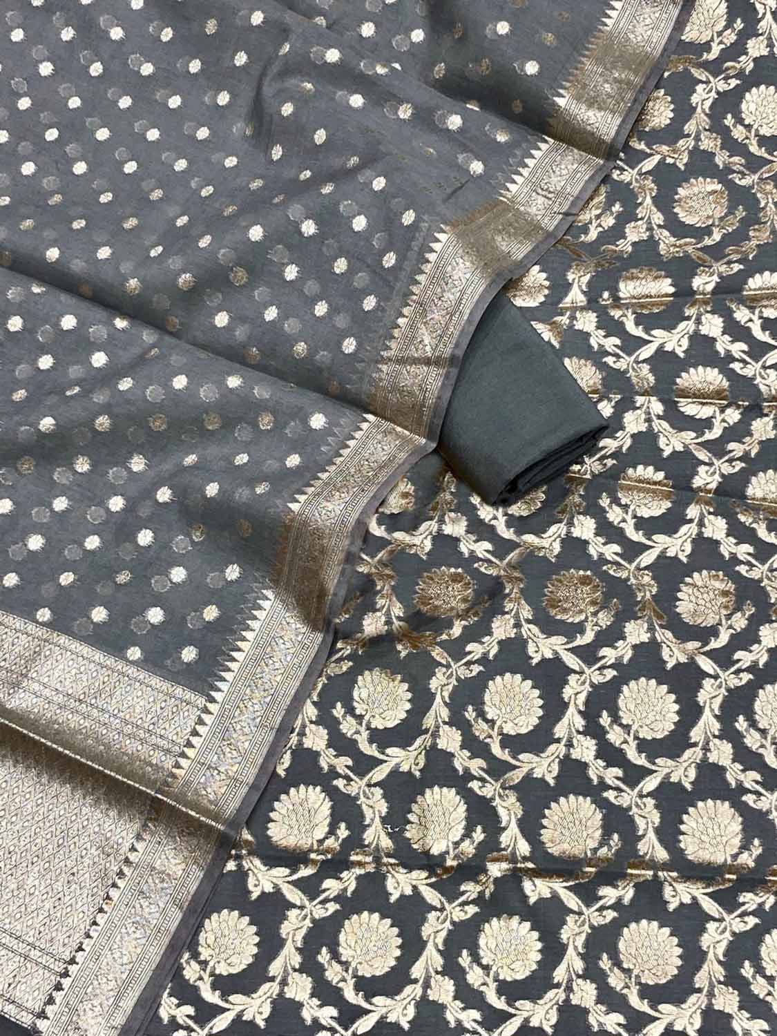 Elegant Grey Banarasi Cotton Silk Three Piece Unstitched Suit Set - Luxurion World