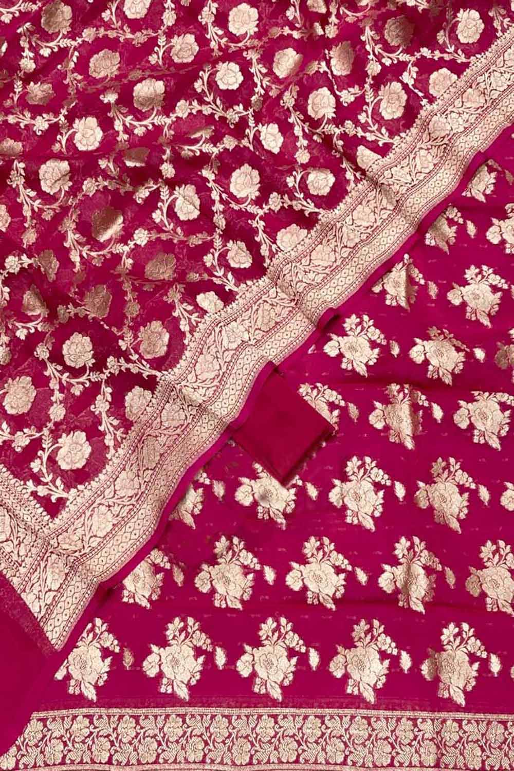 Pink Banarasi Pure Georgette Unstitched Suit Set - Luxurion World