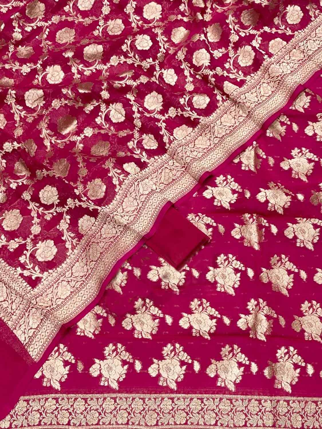 Pink Banarasi Pure Georgette Unstitched Suit Set - Luxurion World