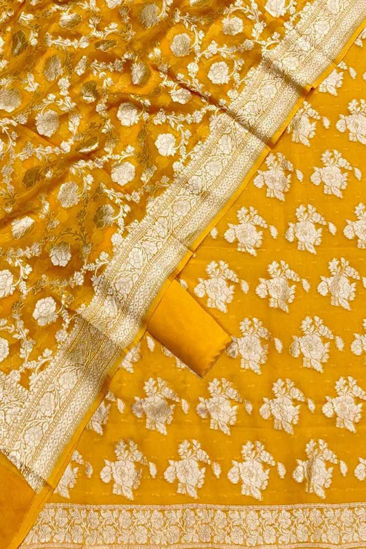 Yellow Banarasi Pure Georgette Unstitched Suit Set - Luxurion World