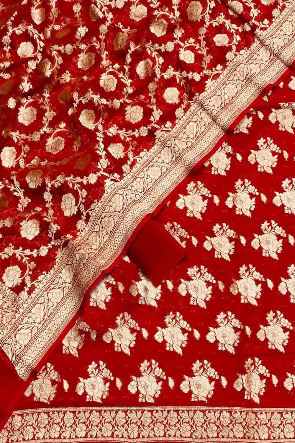 Red Banarasi Pure Georgette Unstitched Suit Set - Luxurion World