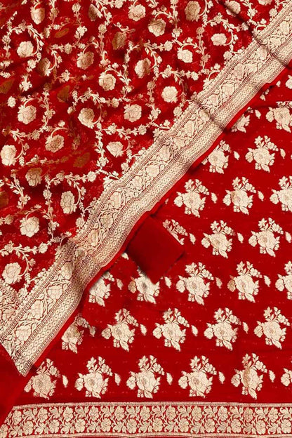 Red Banarasi Pure Georgette Unstitched Suit Set - Luxurion World