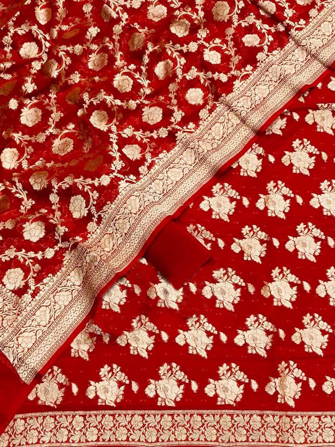 Red Banarasi Pure Georgette Unstitched Suit Set - Luxurion World