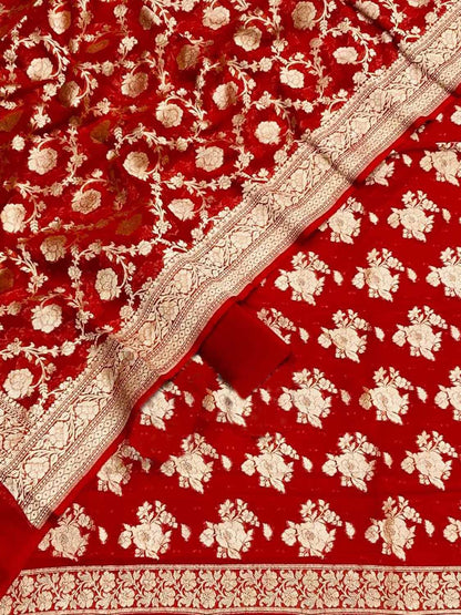 Red Banarasi Pure Georgette Unstitched Suit Set - Luxurion World