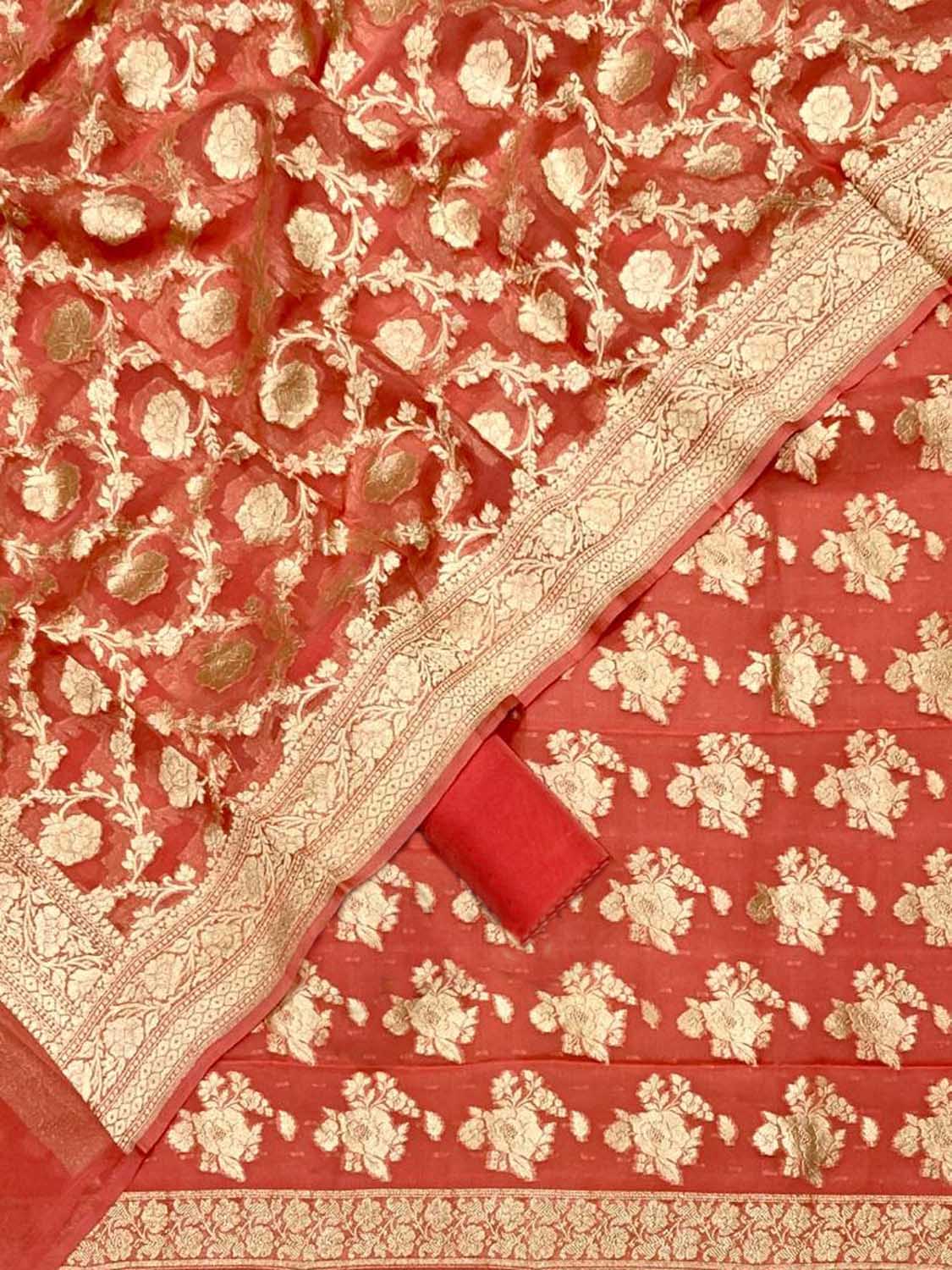 Orange Peach Banarasi Georgette Suit Set - Luxurion World