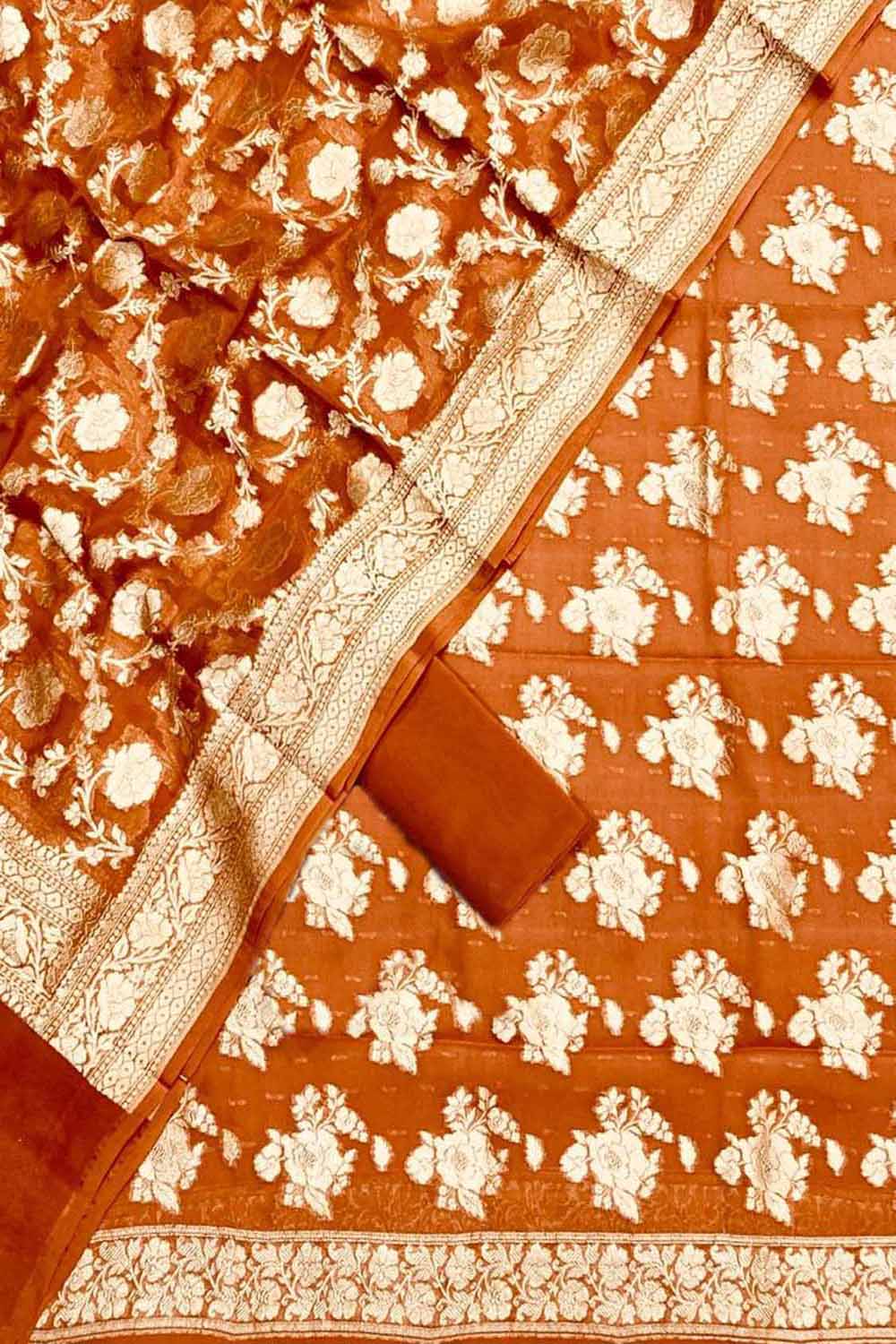 Orange Banarasi Pure Georgette Unstitched Suit Set - Luxurion World