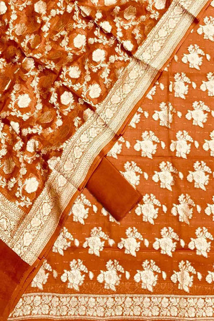 Orange Banarasi Pure Georgette Unstitched Suit Set - Luxurion World