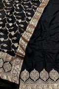 Black Banarasi Silk Three Piece Unstitched Suit Set - Luxurion World