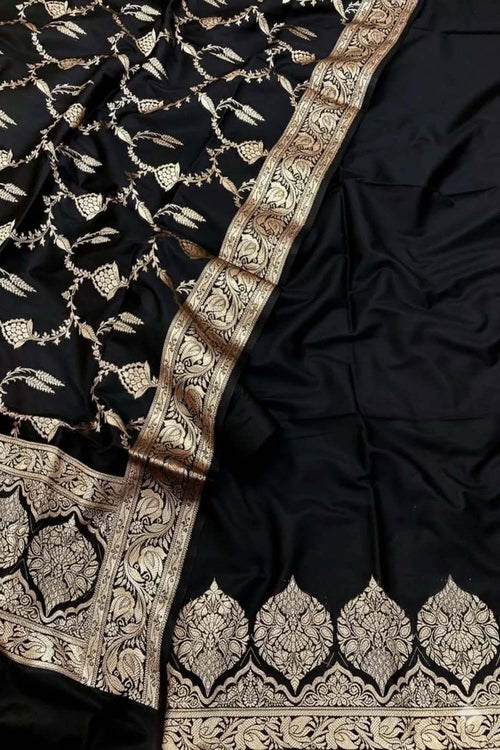 Black Banarasi Silk Three Piece Unstitched Suit Set - Luxurion World