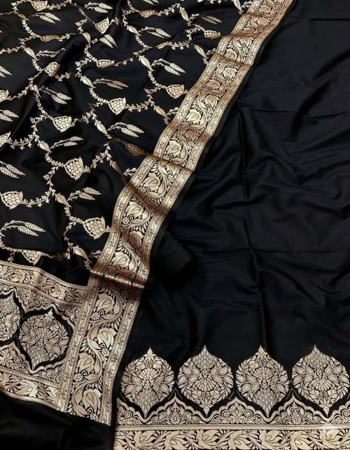 Black Banarasi Silk Three Piece Unstitched Suit Set - Luxurion World