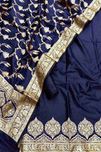 Blue Banarasi Silk Three Piece Unstitched Suit Set - Luxurion World