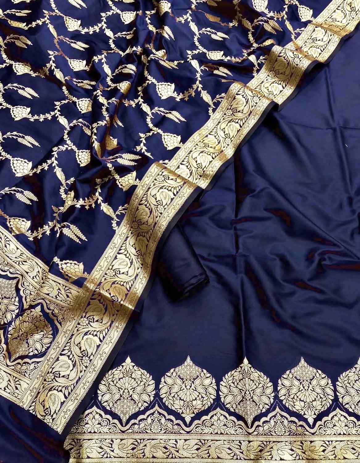 Blue Banarasi Silk Three Piece Unstitched Suit Set - Luxurion World