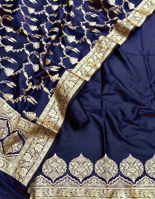 Blue Banarasi Silk Three Piece Unstitched Suit Set - Luxurion World