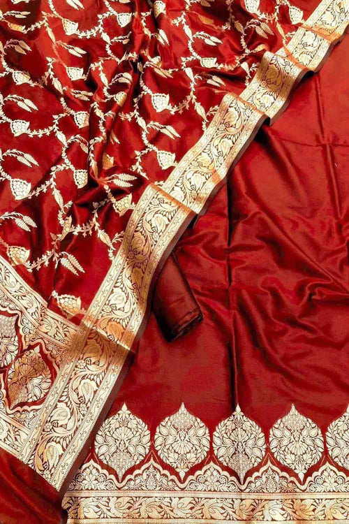 Red Banarasi Silk Three Piece Unstitched Suit Set - Luxurion World